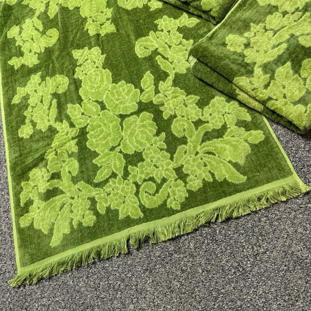 3 Vintage Bath Towel Two Tone Green Floral Cannon Monticello Cotton Fringe 70s